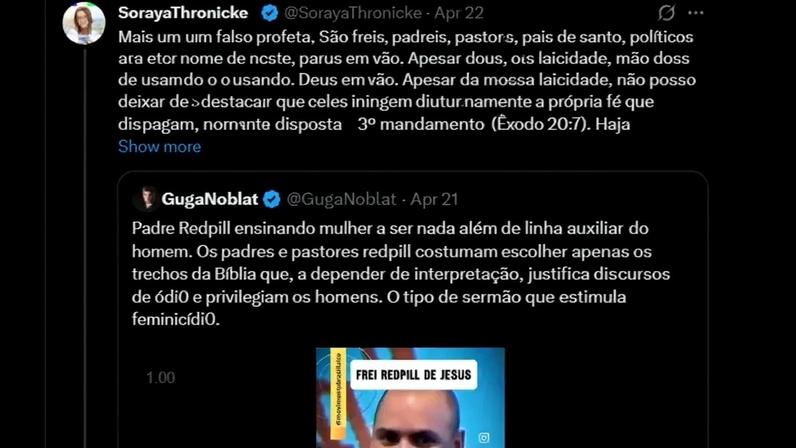 A senadora Soraya Thronicke (PSB-MS) criticou Frei Gilson ao repercurtir recortes da pregação do religioso sobre “guerra dos sexos”. (Foto: Reprodução / X)