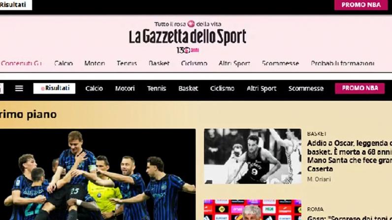 La Gazetta dello Sport, da Itália, repercute a notícia da morte de Oscar Schmidt — Foto: Reprodução/La Gazetta dello Sport