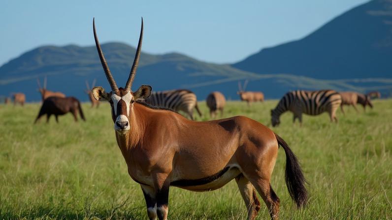 Gemsbok (Oryx gazella), also known as the South African oryx, in a mixed herd of herbivores at Tswalu. Image by John Cannon/Mongabay.