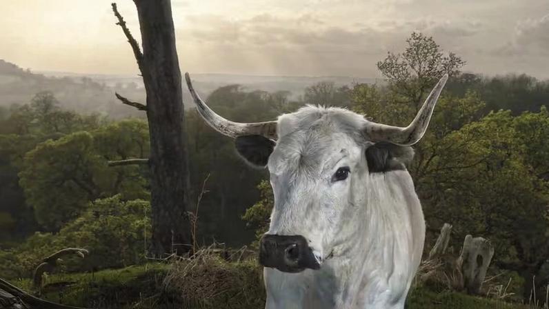 White Park Cattle, ou gado branco do parque, em Carmarthenshire, no país de Gales — Foto: Getty Images