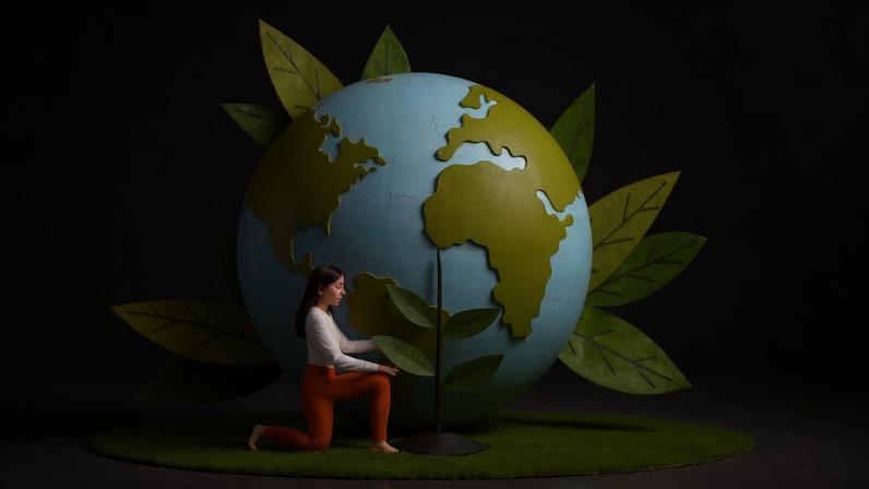 Ilustração climatech; mulher cuidando da natureza; planeta Terra — Foto: Getty Images