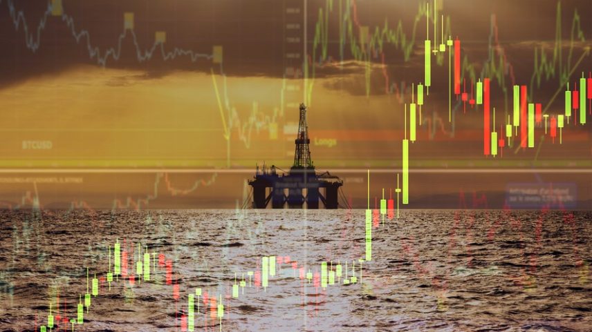 Ilustração mostra plataforma de extração de petróleo em alto mar com gráfico do sobe e desce da economia