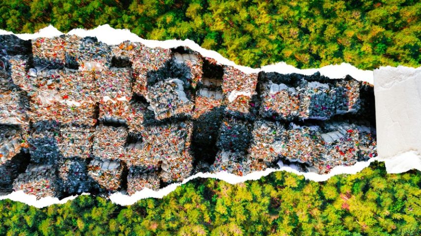 Montes de resíduos ocultos por trás de fachada verde, ilustrando o desperdício que desconhecemos