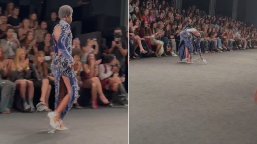 Rio Fashion Week: modelo é ovacionada após imprevisto com sandália na passarela — Foto: Glamour Brasil