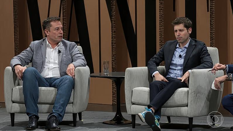 Elon Musk e Sam Altman travam na Justiça batalha pela OpenAI — Foto: Jornal Nacional/ Reprodução