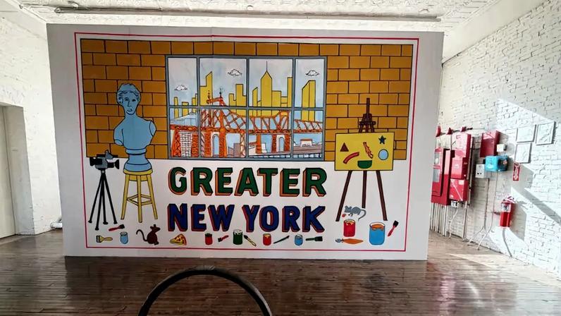 The Cevallos Brothers' 2026 mural *Greater New York*, along with fields harrington's *Unfree Free Time (Bike Rental)*, 2026, at Greater New York.