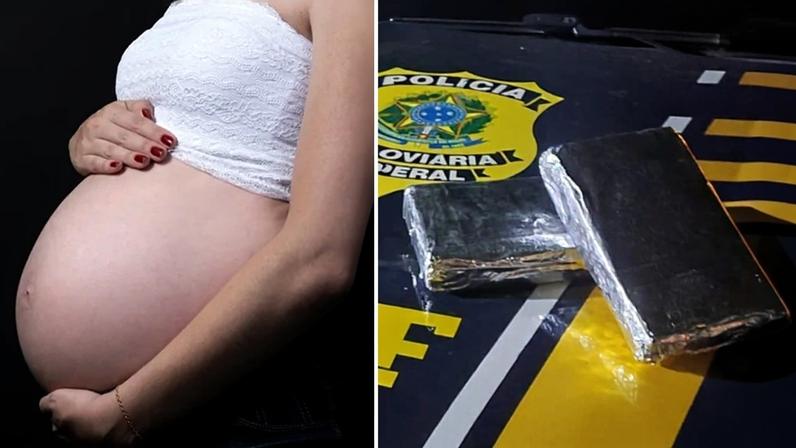Grávida com a mão na barriga e tabletes de droga sobre carro - Metrópoles