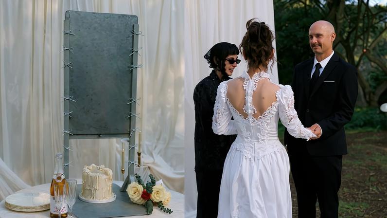 Casamento temático de Maria Antonieta tem bolo cortado por guilhotina