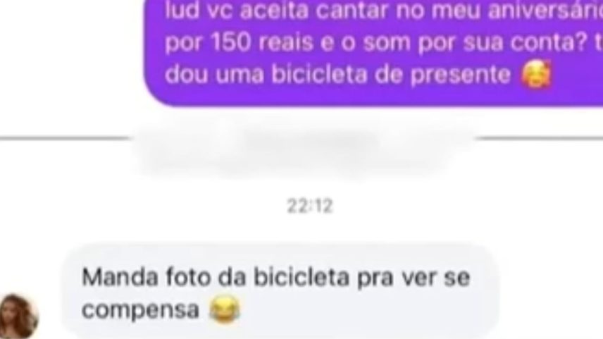 Fã convida Ludmilla para cantar em aniversário por R$150 e uma bicicleta