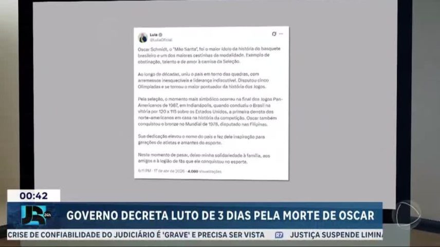 Lula, Geraldo Alckmin e Hugo Motta lamentam morte de Oscar Schmidt