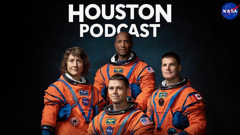 HWHAP Ep. 420. The Artemis II Crew poses together in their orange space suits for their official crew portrait.