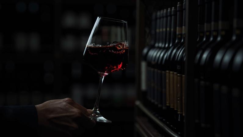 Someone holding a glass of red fine wine