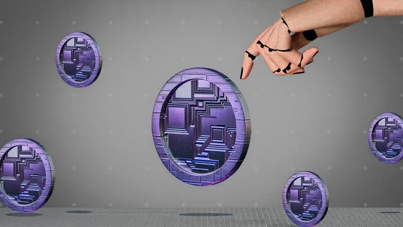 inteligência artificial (IA) rolando uma moeda roxa