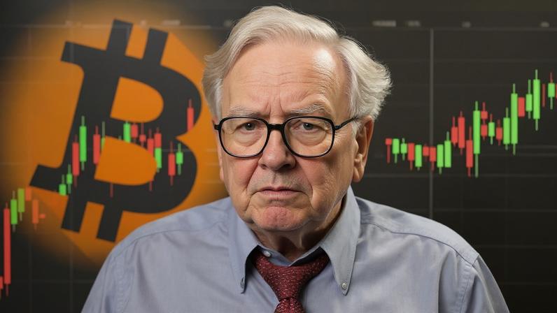 ilustração do Warren Buffett com gráfico do bitcoin ao fundo