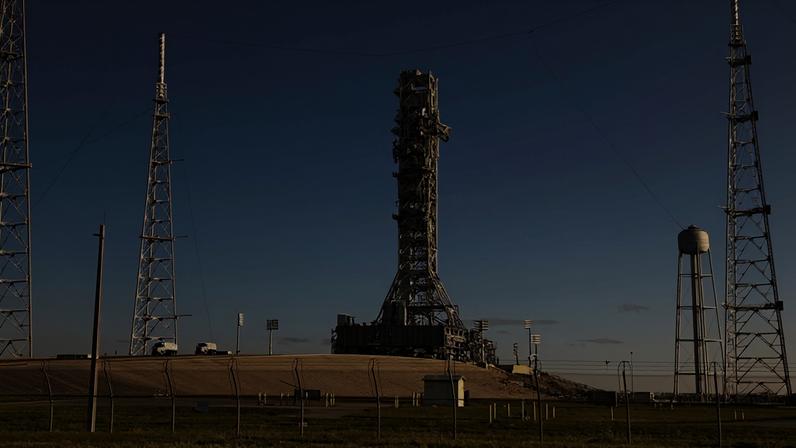 NASA's mobile launcher 1 rolls from Launch Pad 39B to the Vehicle Assembly Building at the agency's Kennedy Space Center in Florida.