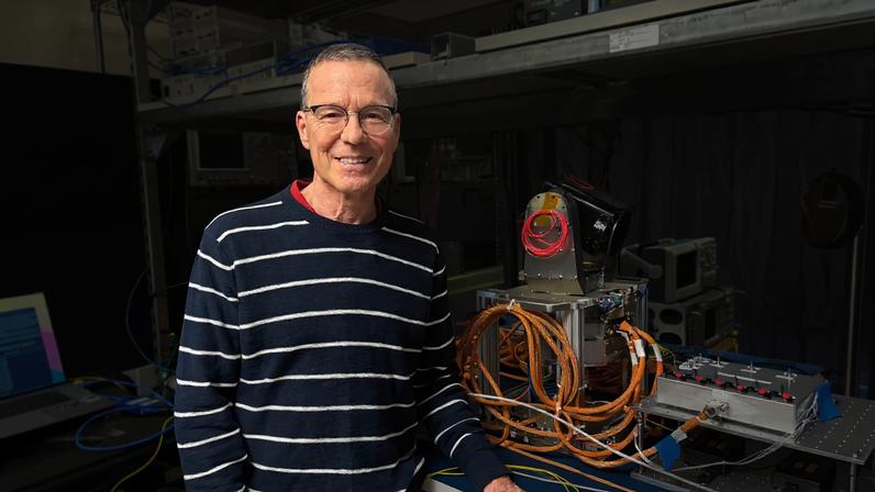 Peter Rossoni in an optical lab at the Massachusetts Institute of Technology Lincoln Laboratory in Lexington, Massachusetts.