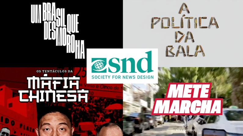 Arte com as quatro matérias do Metrópoles que foram premiadas no SND Society News Design