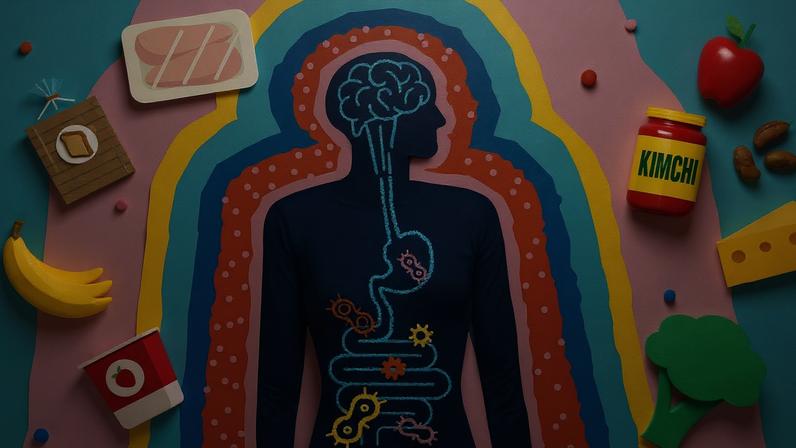Ilustração com cores vibrantes que especifícam a relação entre o intestino e o cérebro - Metrópoles.