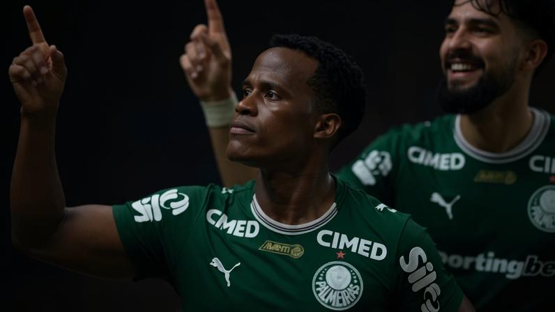 Jhon Arias, do Palmeiras, comemora gol ao lado de Flaco López, contra o Bahia, pelo Brasileirão