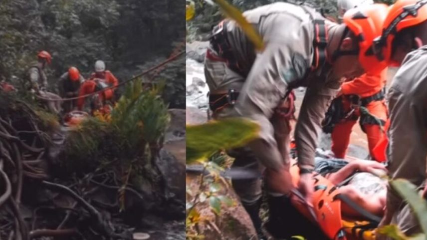 Jovem é resgatado por bombeiros após errar salto em cachoeira e ficar ferido