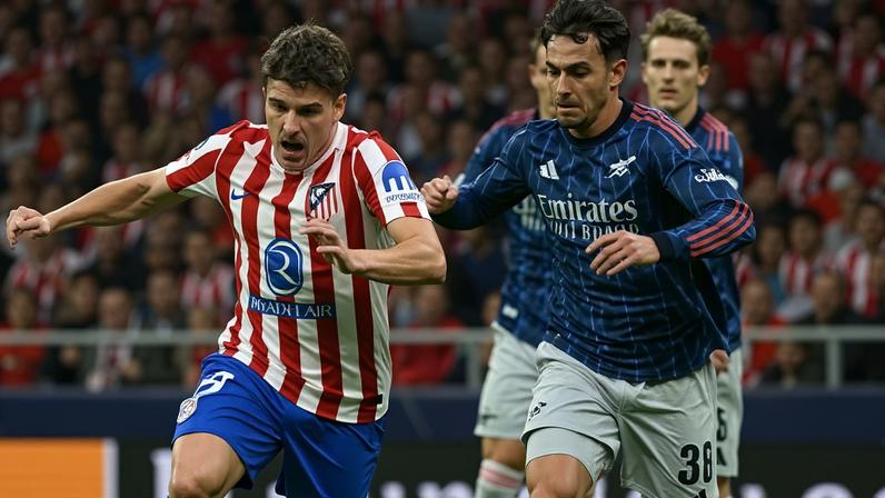 Julián Álvarez e Zubimendi durante Atlético de Madri x Arsenal, pela Liga dos Campeões