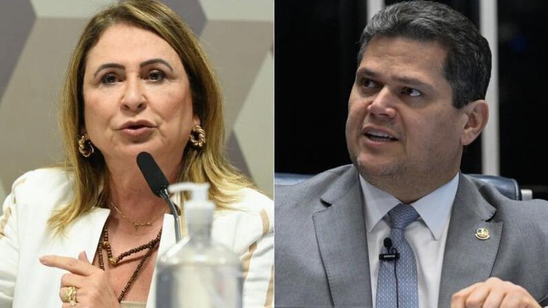 Na imagem, a ex-senadora Kátia Abreu (à esq.) e o presidente do Senado, Davi Alcolumbre (à dir.)