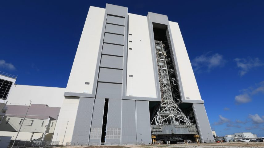 NASA’s mobile launcher enters the Vehicle Assembly Building following its approximately 4-mile trek from Launch Complex 39B at the agency’s Kennedy Space Center in Florida on Friday, April 17, 2026, in preparation for Artemis III stacking operations. Teams will perform checkouts, inspections, and data analysis, and make repairs to the tower that saw damage during launch of NASA’s Artemis II test flight on April 1, 2026.
