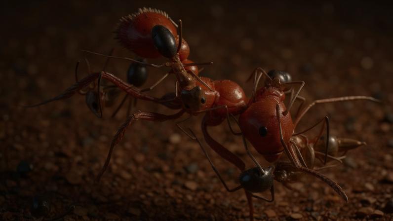 Nos desertos dos EUA, várias formigas limpadoras cuidam de uma formiga-cortadeira lambendo partículas do corpo da formiga maior