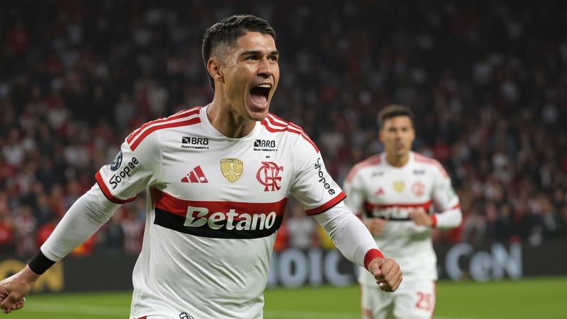 Luiz Araújo comemora gol do Flamengo na partida contra o Estudiantes, pela Copa Libertadores