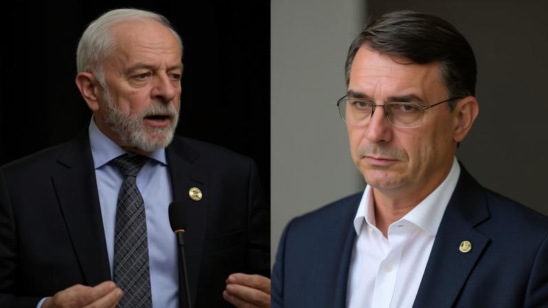 Presidente Luiz Inácio Lula da Silva (PT) à esquerda e senador Flávio Bolsonaro (PL), à direita. — Foto: Esa Alexander/Reuters e Evaristo SA/AFP