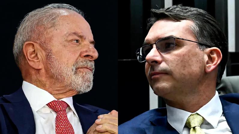 O presidente Luiz Inácio Lula da Silva; e o senador Flávio Bolsonaro (PL-RJ)