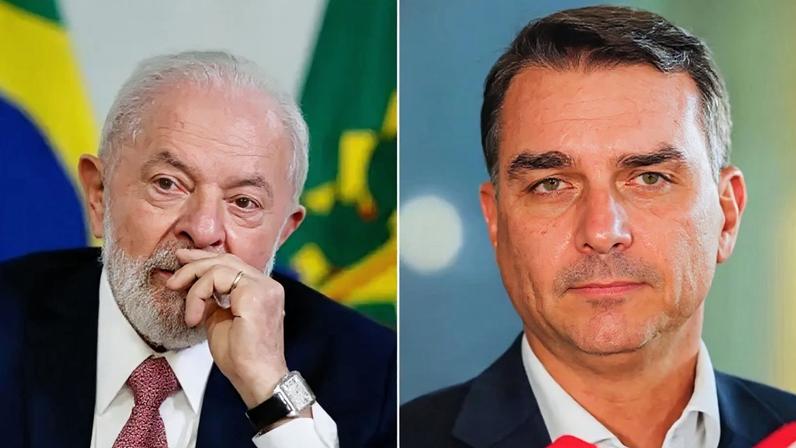 Na imagem, o presidente Lula (à esq.), que tentará o 4º mandato em 2026, e Flávio Bolsonaro (à dir.), escolhido pelo pai para representá-lo na corrida ao Planalto
