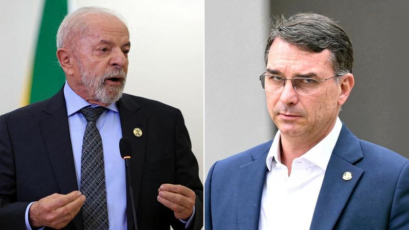 Presidente Luiz Inácio Lula da Silva (PT) à esquerda e senador Flávio Bolsonaro (PL), à direita. — Foto: Esa Alexander/Reuters e Evaristo SA/AFP