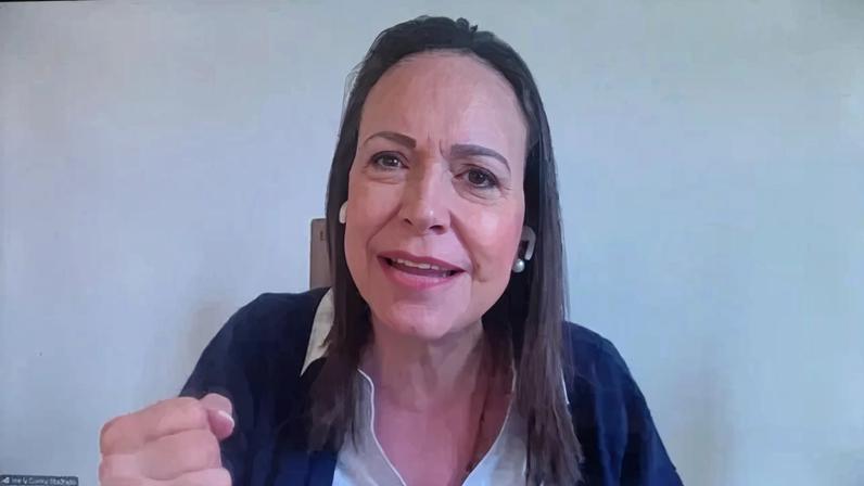 Na imagem, a líder opositora venezuelana María Corina Machado, que participou de maneira remota em evento que lançou o roteiro para transição