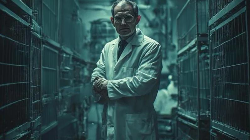 Na imagem, foto criada com IA de um médico em laboratório de experimentos com animais