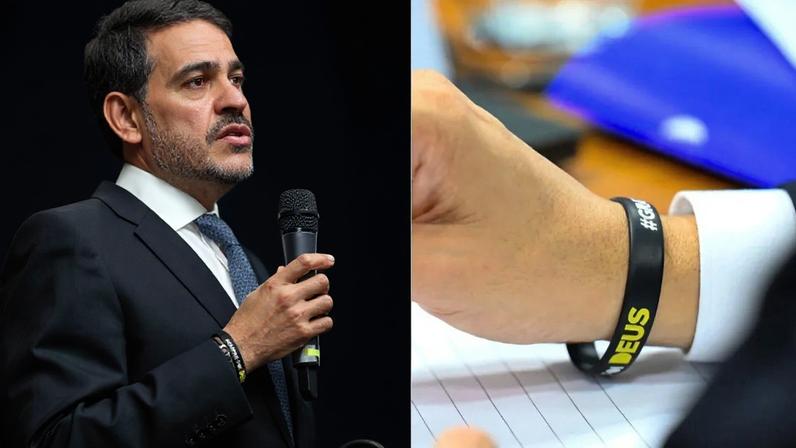 Imagem mostra pulseira com frase "sempre foi Deus", usada por Jorge Messias durante sabatina no Senado Federal • Andressa Anholete/Agência Senado