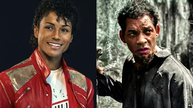 Jaafar Jackson como o tio, Michael Jackson (1958-2009), em cena de 'Michael'; Will Smith no set de 'Emancipation' (2022)
