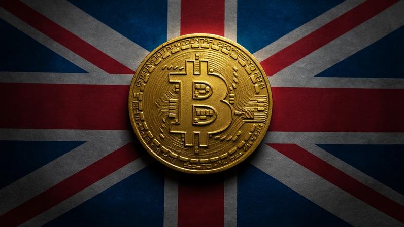 moeda de bitcoin em bandeira do reino unido
