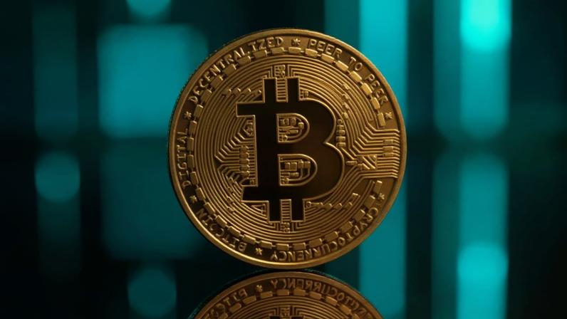 moeda dourada de bitcoin;ao fundo, luzes azuis