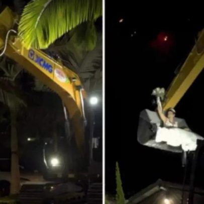 Noiva chega ao casamento dentro de concha de escavadeira em Santa Catarina