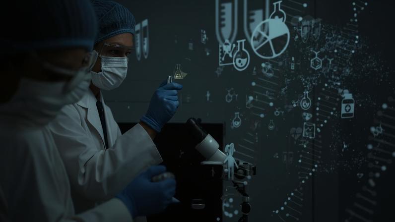 Foto de pesquisadores em laboratório praticando ciência médica.