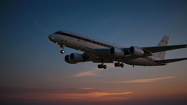 Photo composite showing NASA's 4-engine DC-8 jet flying through a simulated sky.