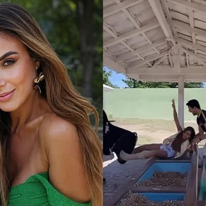 Nicole Bahls é atingida por animal e arremessada em vídeo