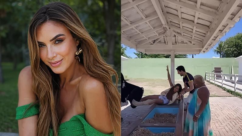 Nicole Bahls foi surpreendida por vaca