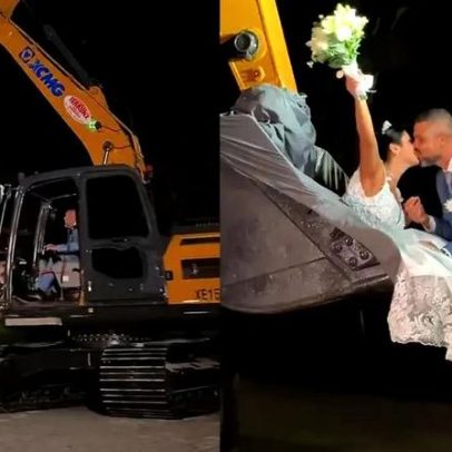 Noiva chega voando em concha de escavadeira ao casamento em SC