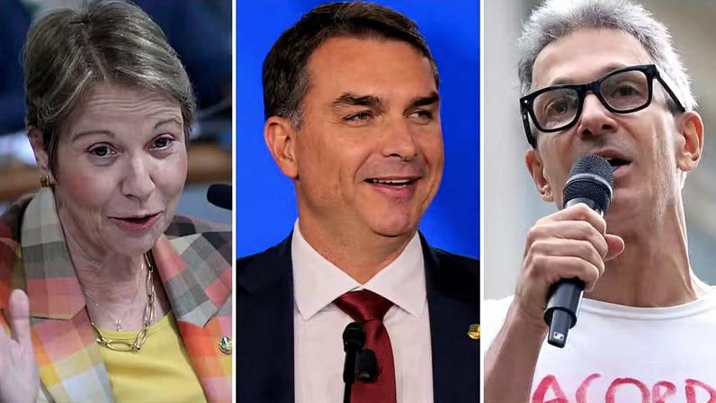 Tereza Cristina, Flávio Bolsonaro e Romeu Zema — Foto: Geraldo Magela/Agência Senado; Daniel Cole/Reuters; Gabriel Silva/Raspress/Estadão Conteúdo