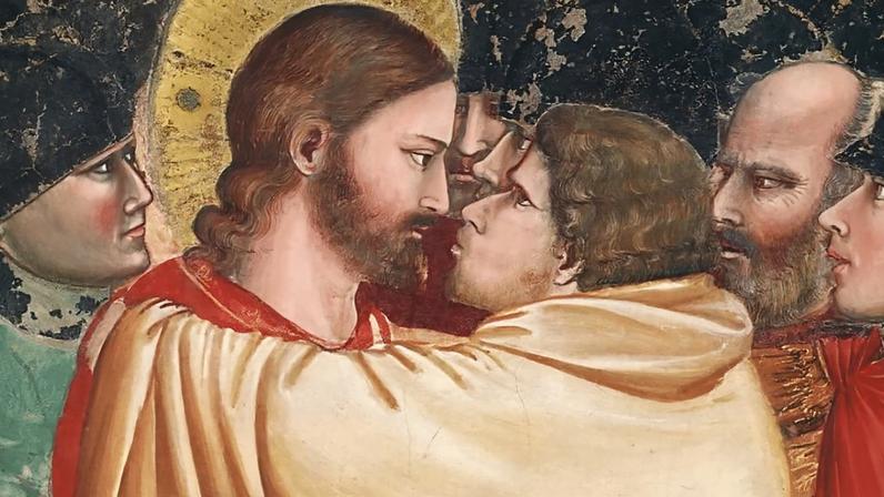 O beijo de Judas em Jesus, que selou a traição, representado na obra de Giotto di Bondone