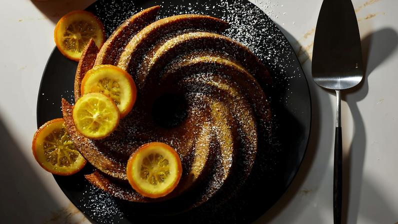 Olive oil bundt cake with candied oranges