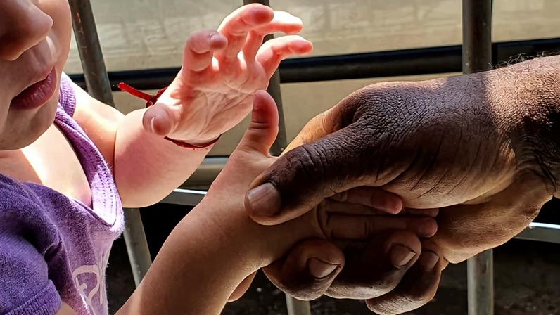 Mãos de uma criança e de um adulto se tocando, em gesto de cuidado em ambiente institucional, representando acolhimento e proteção
