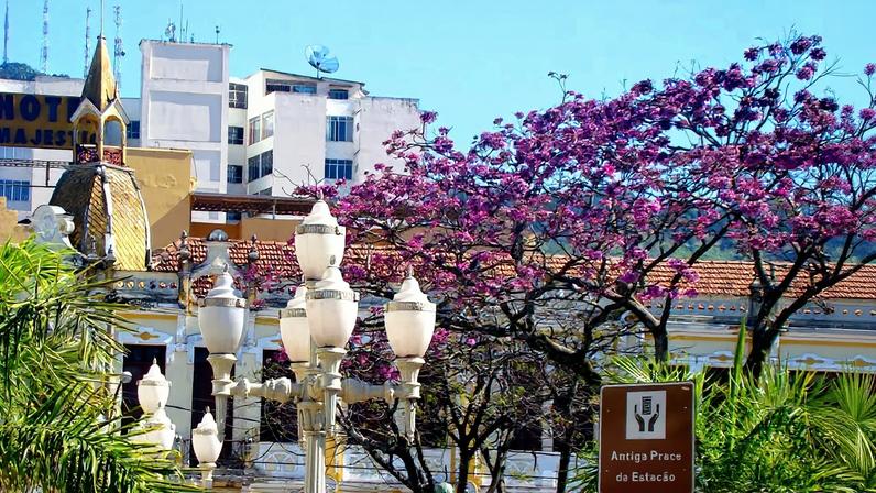 Praça com lampiões, flores e prédios ao fundo, em cenário urbano mineiro.